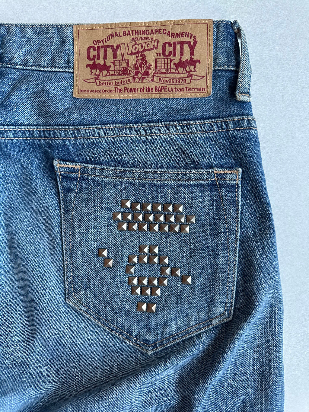 BAPE Studded Ape Head Denim Jeans Washed Blue