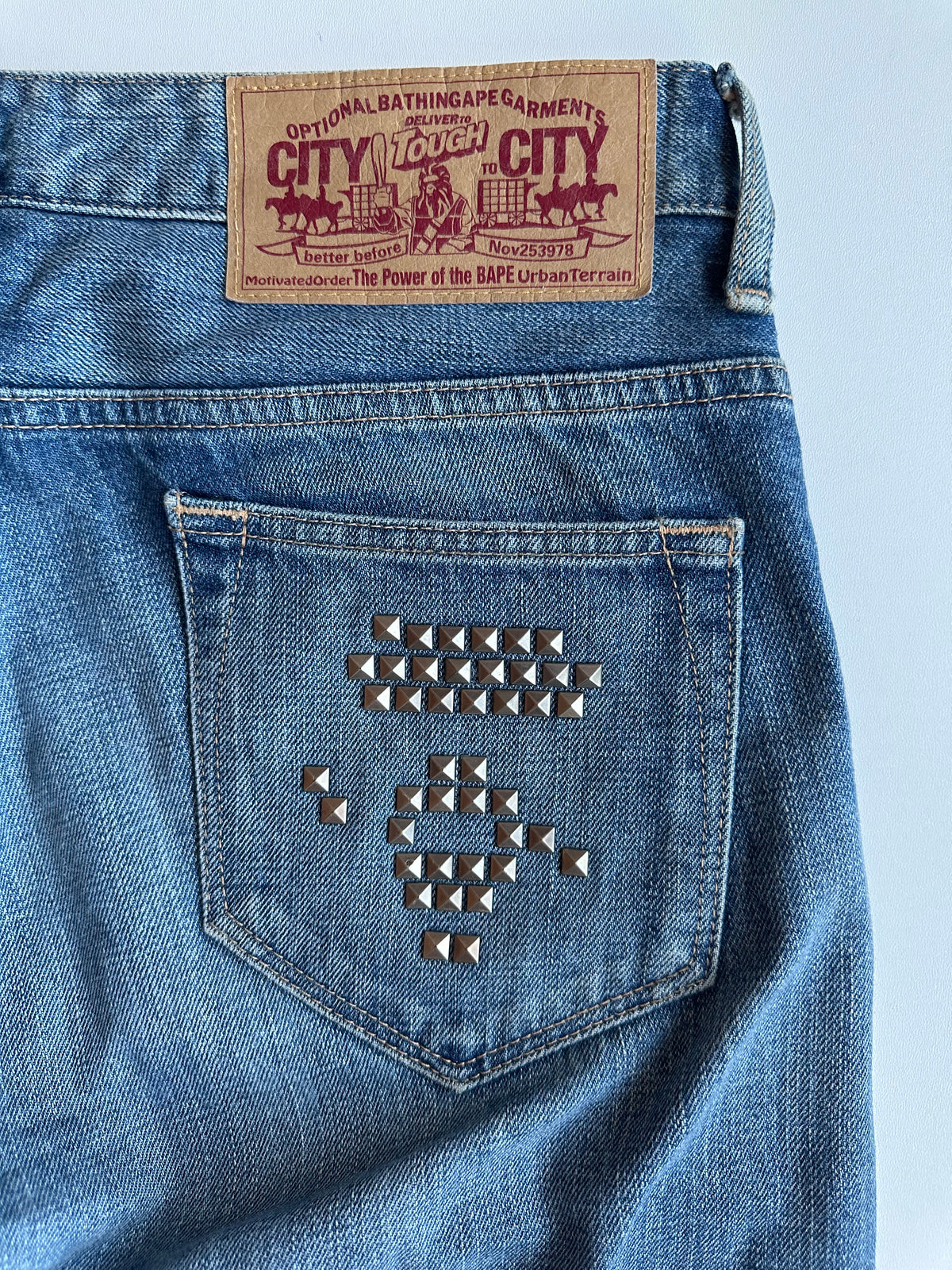 BAPE Studded Ape Head Denim Jeans Washed Blue