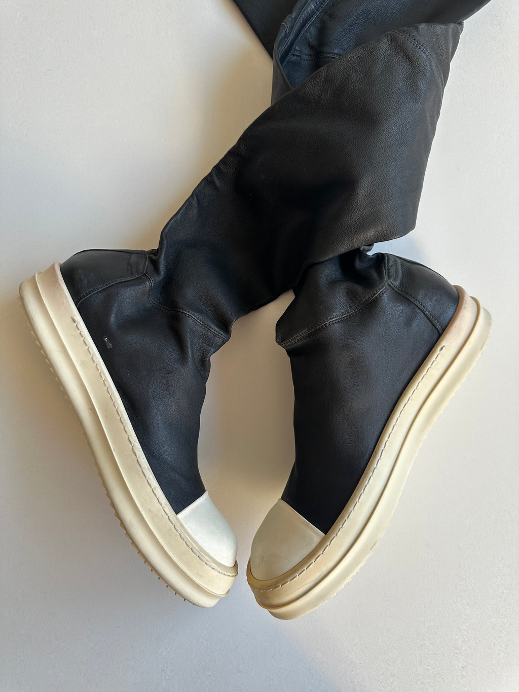 FW14 Rick Owens x Chrome Hearts Ramones Thigh High Lambskin Boots with Fleur De Lis Dagger
