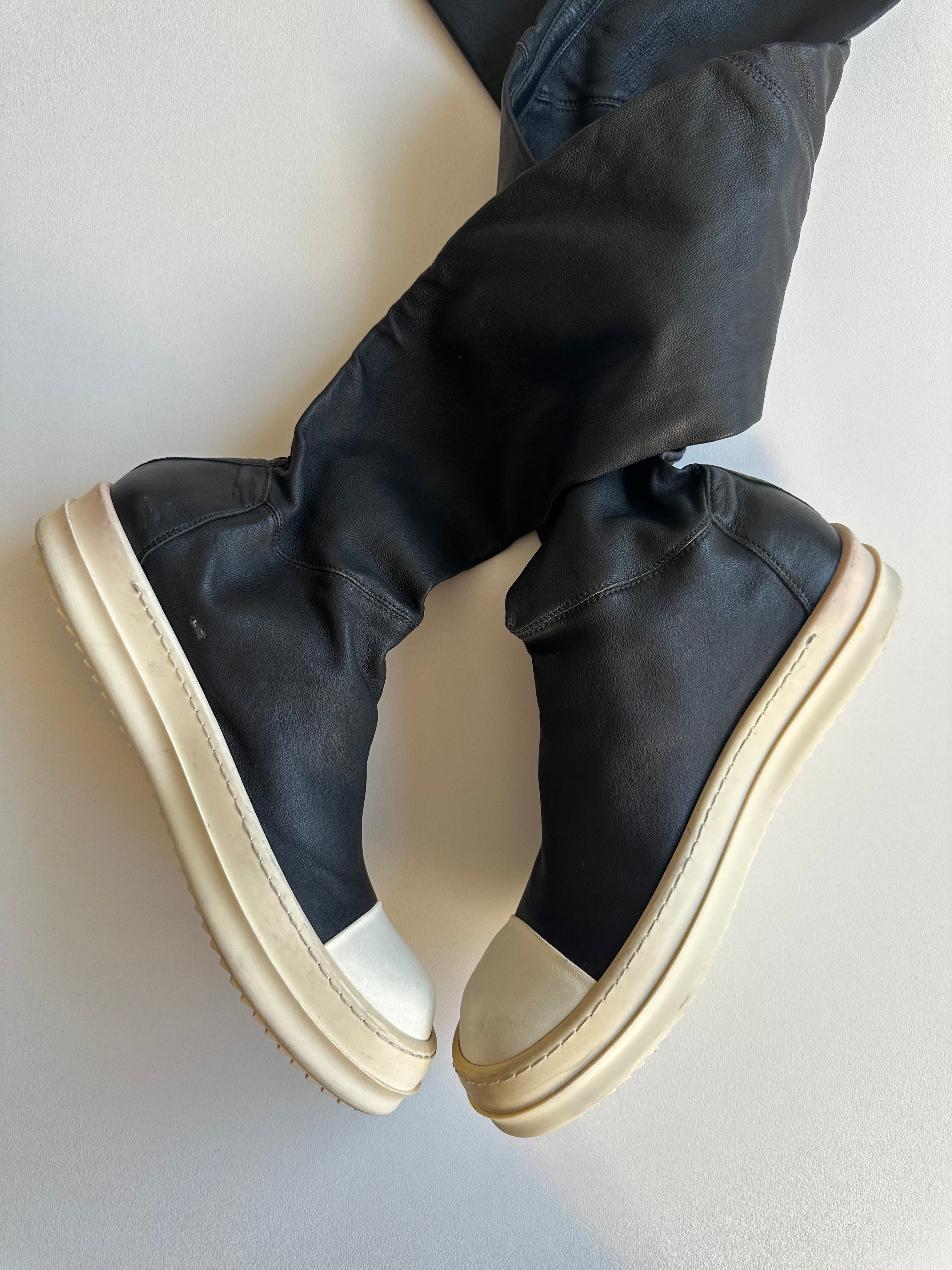 FW14 Rick Owens x Chrome Hearts Ramones Thigh High Lambskin Boots with Fleur De Lis Dagger