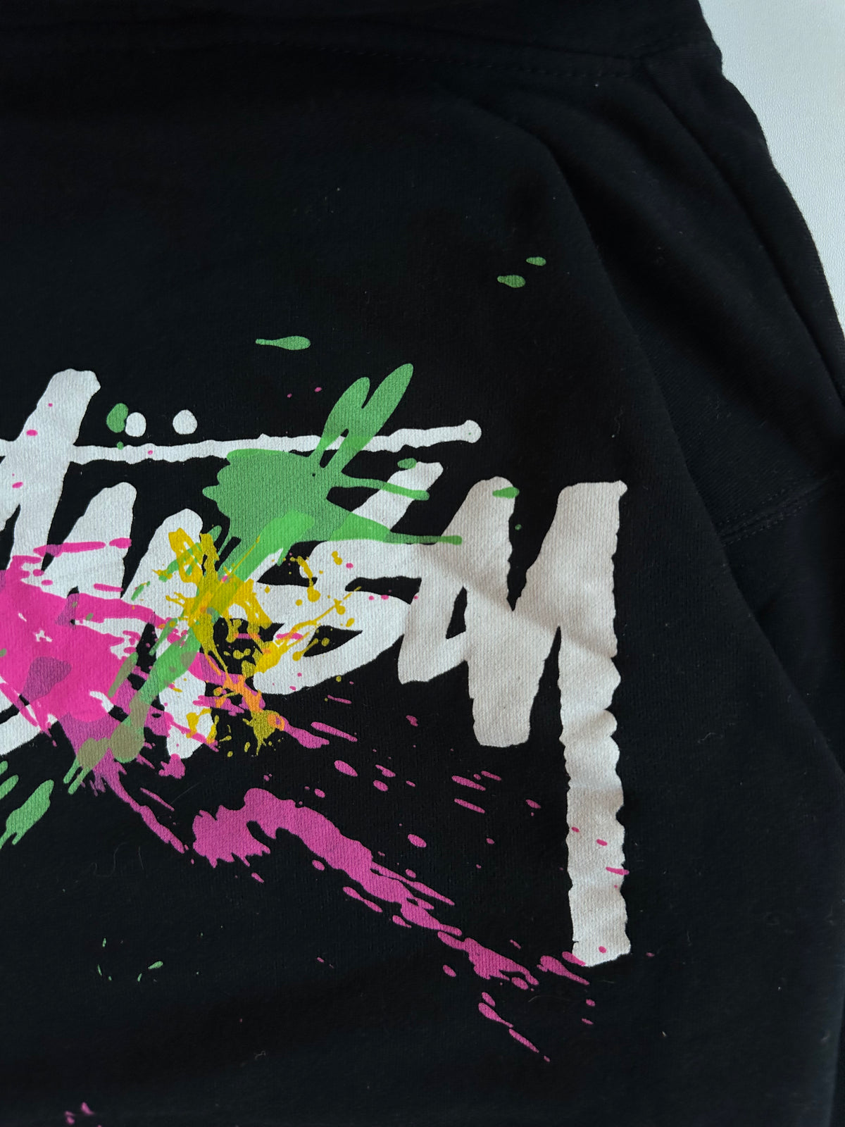 Vintage Stüssy Paint Splatter Logo Hoodie Black
