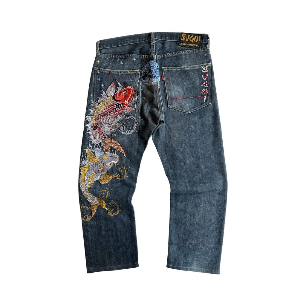 Vintage SUGOI Japan Tattoo Koi Fish Embroidered Jeans