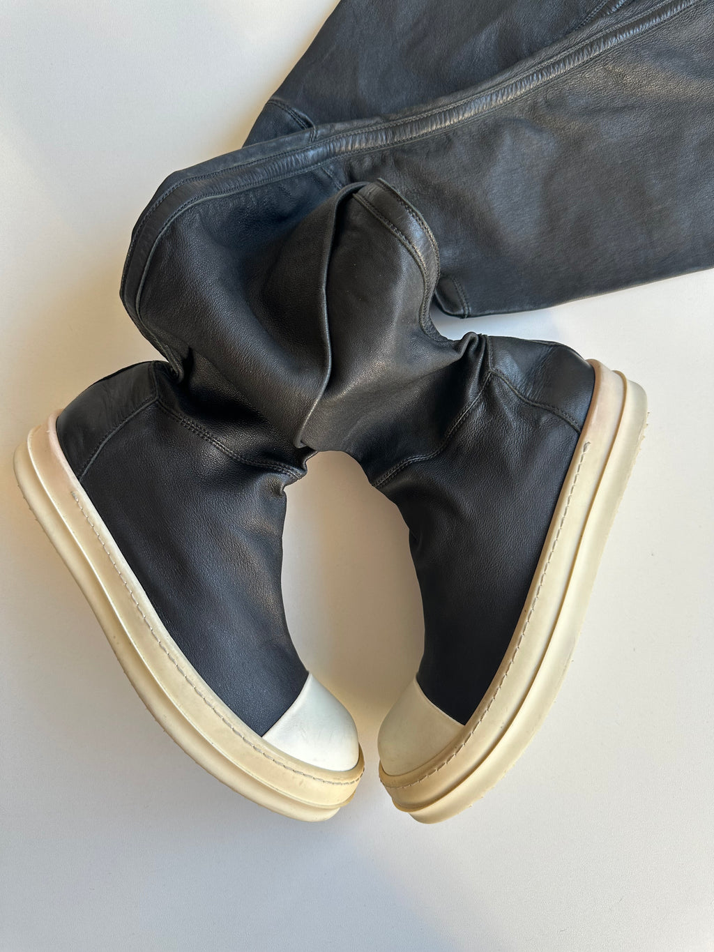 FW14 Rick Owens x Chrome Hearts Ramones Thigh High Lambskin Boots with Fleur De Lis Dagger