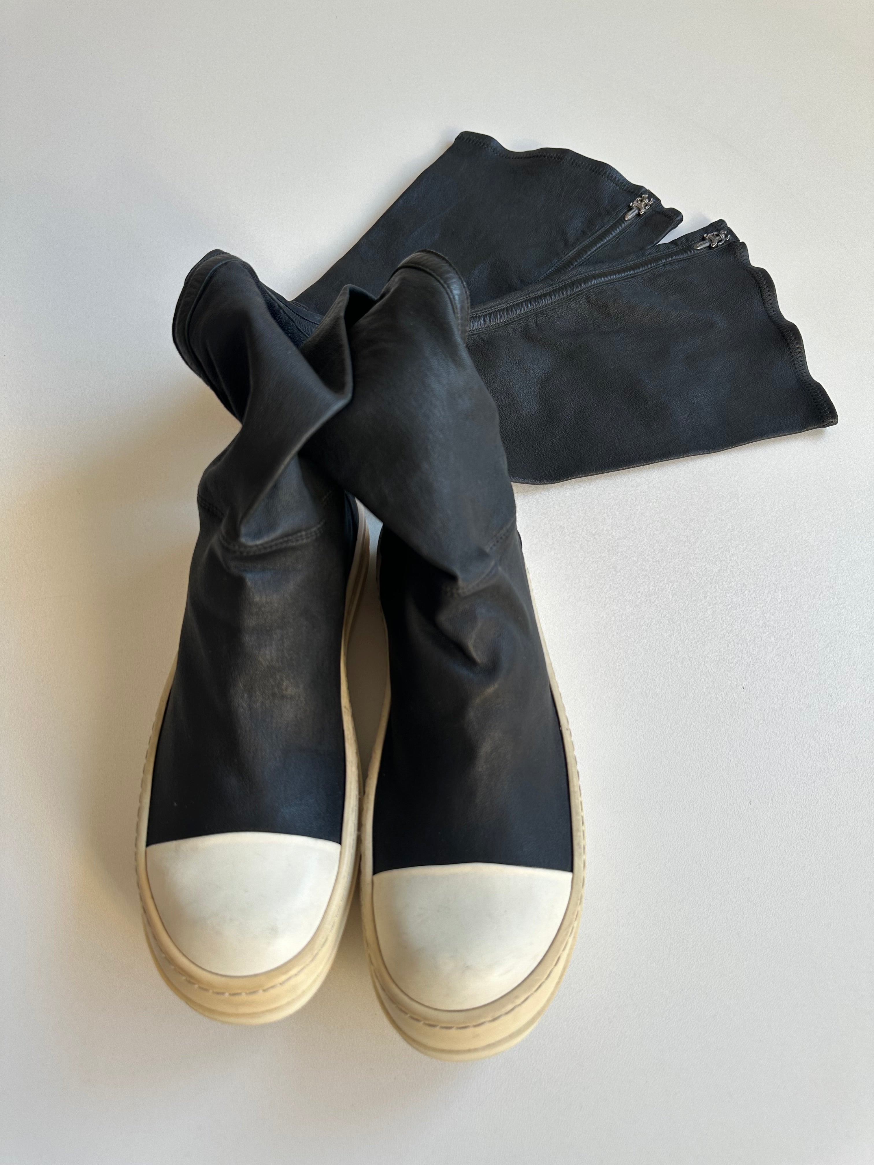 FW14 Rick Owens x Chrome Hearts Ramones Thigh High Lambskin Boots with Fleur De Lis Dagger