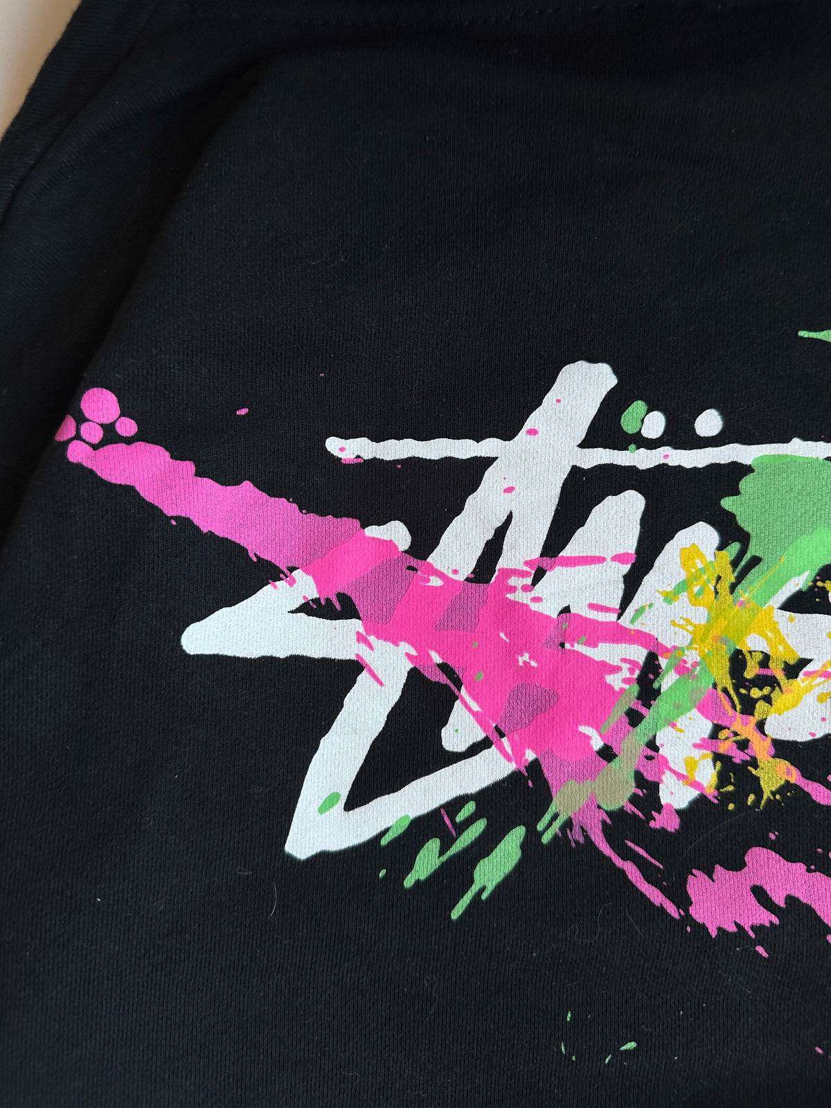 Vintage Stüssy Paint Splatter Logo Hoodie Black