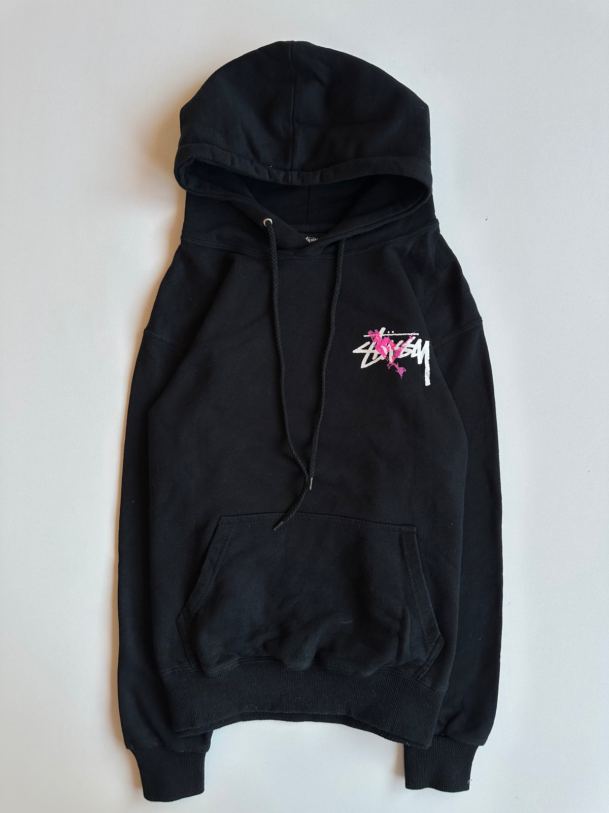 Vintage Stüssy Paint Splatter Logo Hoodie Black